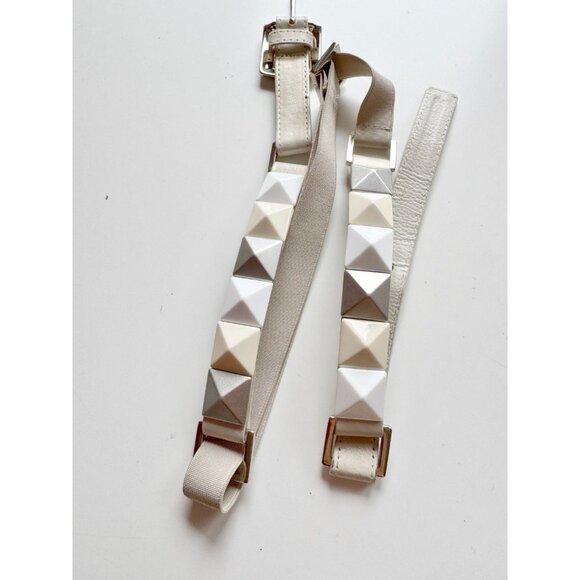 SUZI ROHER Ivory Cream Grey Pyramid Stud Leather Elastic Stretch Belt, One Size - Picture 2 of 9